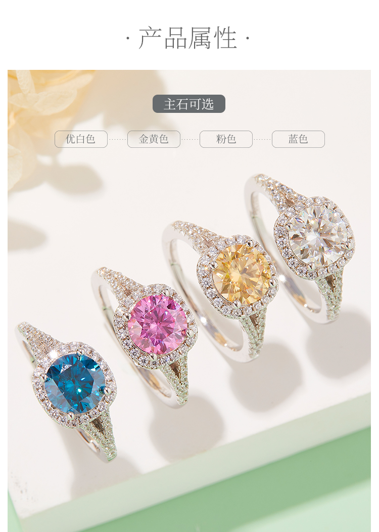双臂方包S925银镀白金莫桑钻女戒1.5克拉D级 - 2
